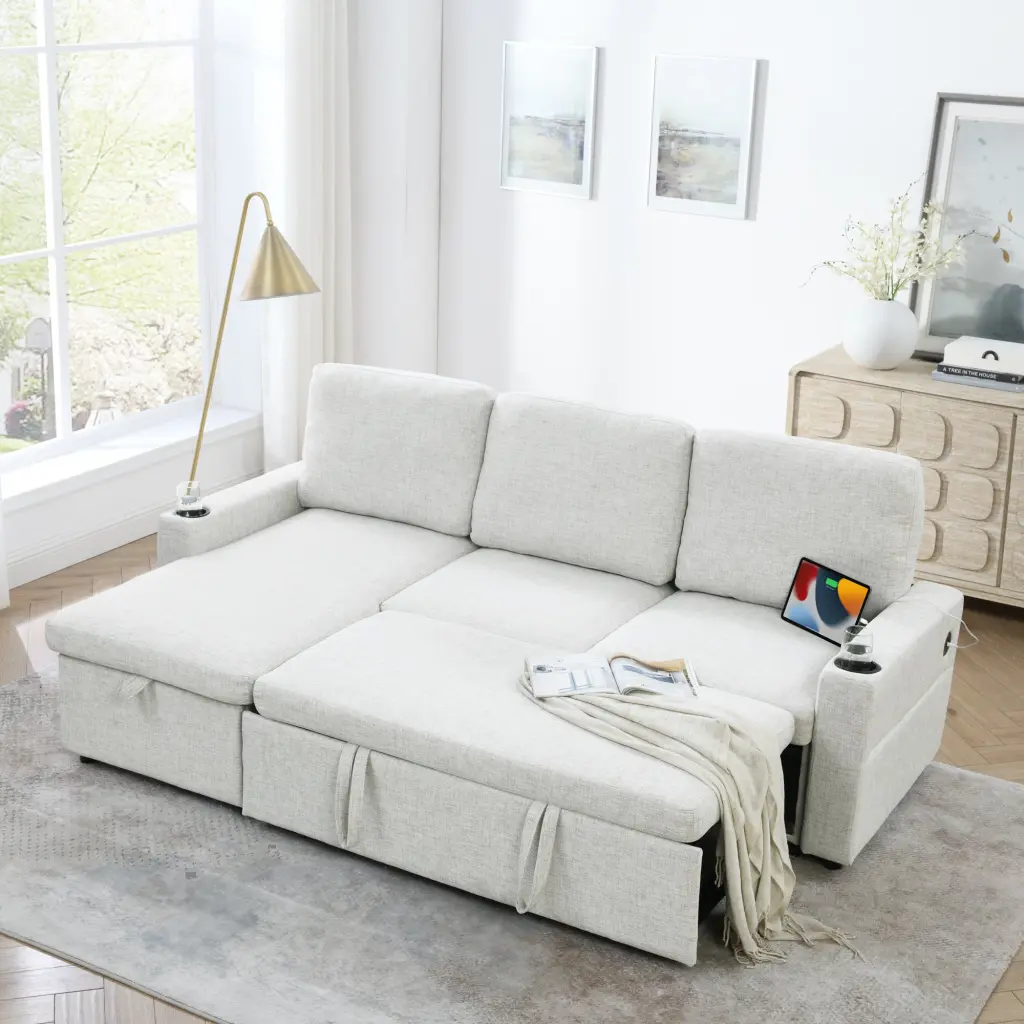 Linen Upholstered Sleeper Sectional Sofa Shaped Modular Convertible Sofa Bed chuangyuan smart home