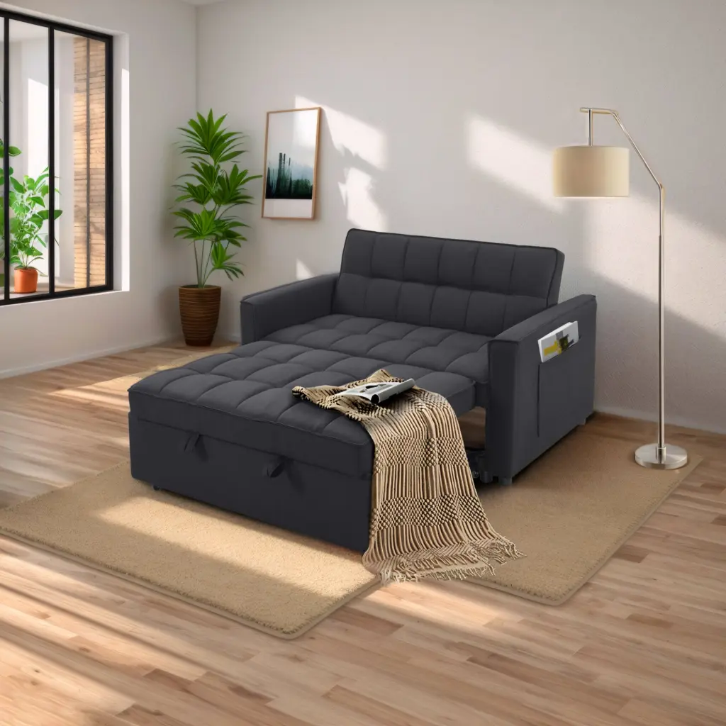 Chic Black Pull Out Sofa Bed Woven Polyester Material & Solid Wood Frame civilfurniture
