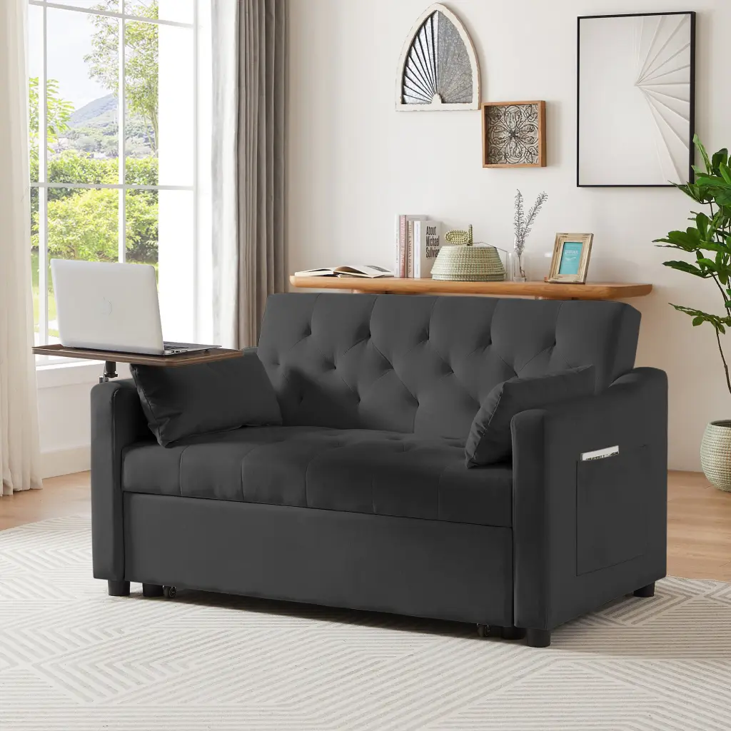 Black Velvet Sofa Bed 2 Seat Tufted Back Foam Velvet Wood Frame cy furniture
