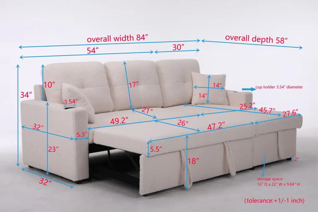 Lambswool Pull Out Sleeper Sectional Sofa Storage Chaise Beige Wool Fabric cynthia-s furniture