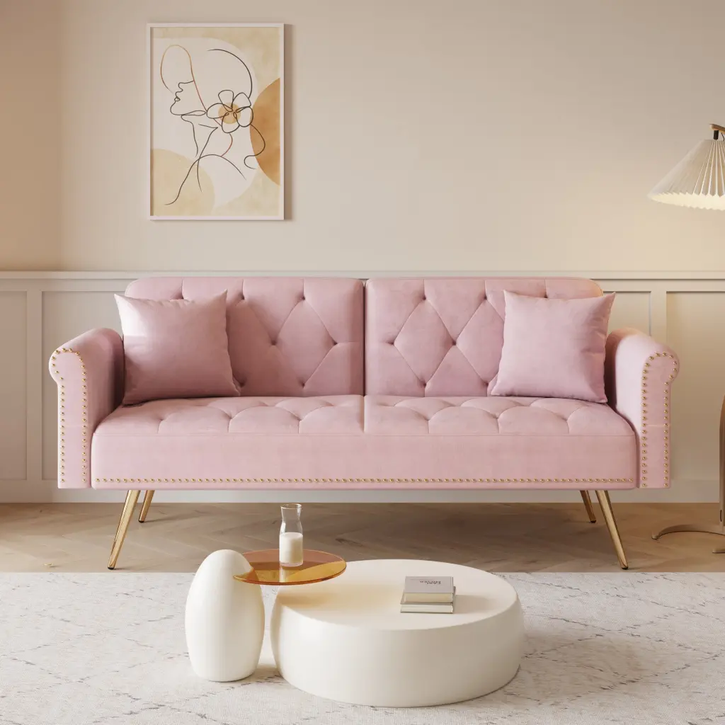 69.7 Inch Pink Velvet Nail Head Sofa Bed Throw Pillow fan chen furniture