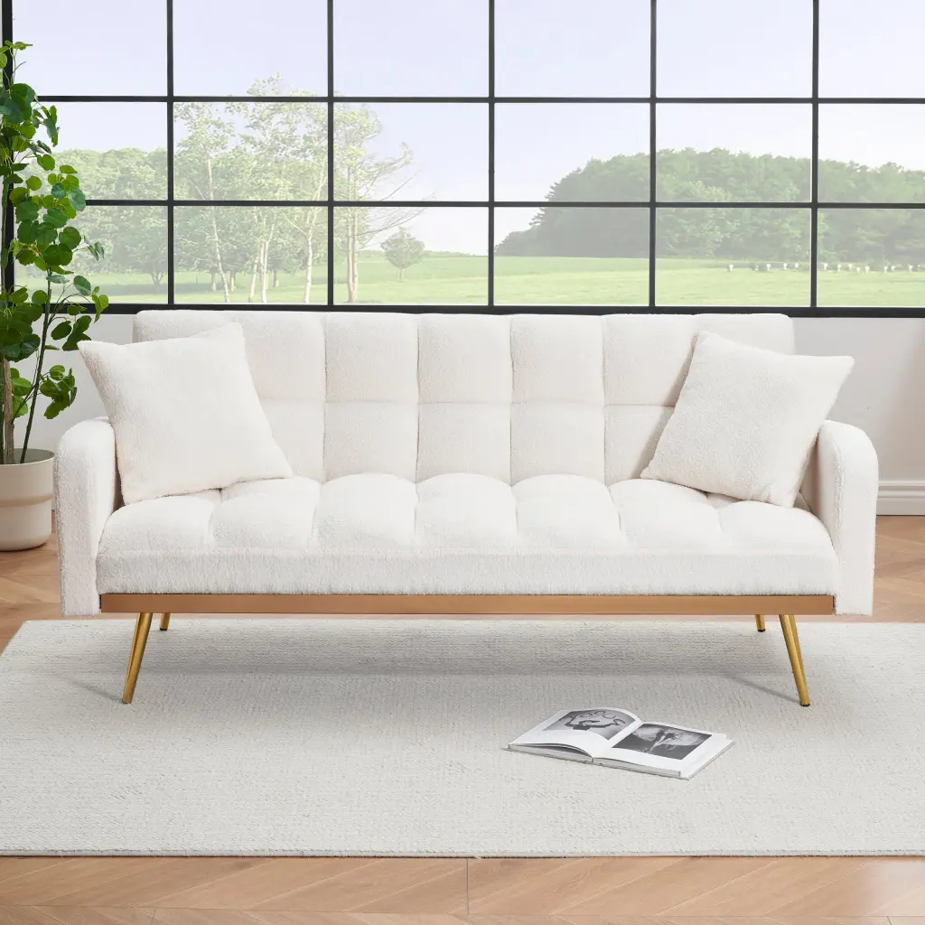 69 Inch Beige Sofa Bed Customizable Sofa Teddy Fleece 2 Throw Pillows fan chen furniture