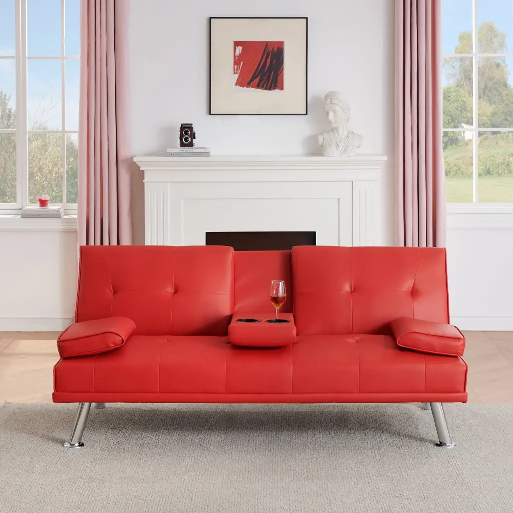 67 Inch Red Leather Multifunctional Double Folding Sofa Bed Office fan chen furniture