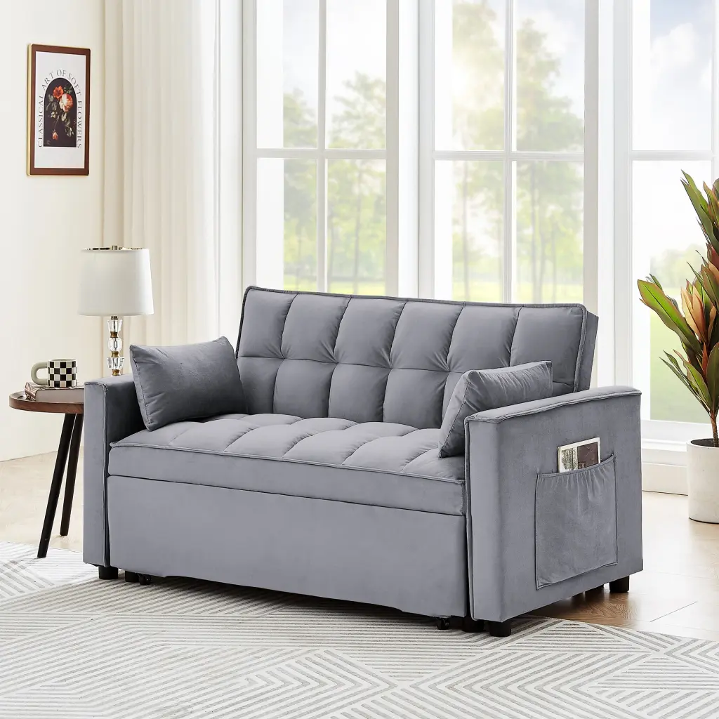 55 Inch Modern Velvet Sleeper Sofa Couch Pull Out Bed Convertible Sofa Bed fj furniture