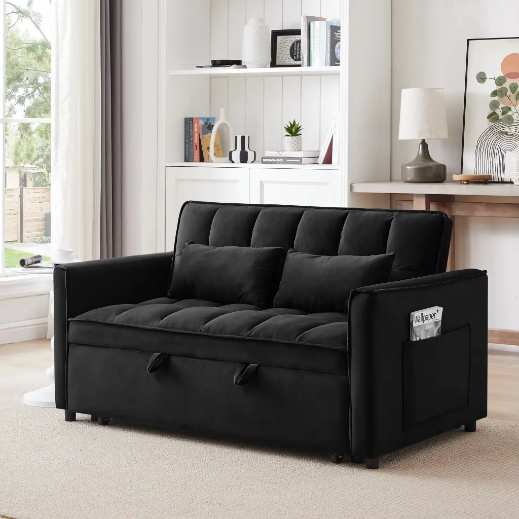 55.1 Inch 3--1 Convertible Sofa Bed Modern Velvet Double Futon fm home