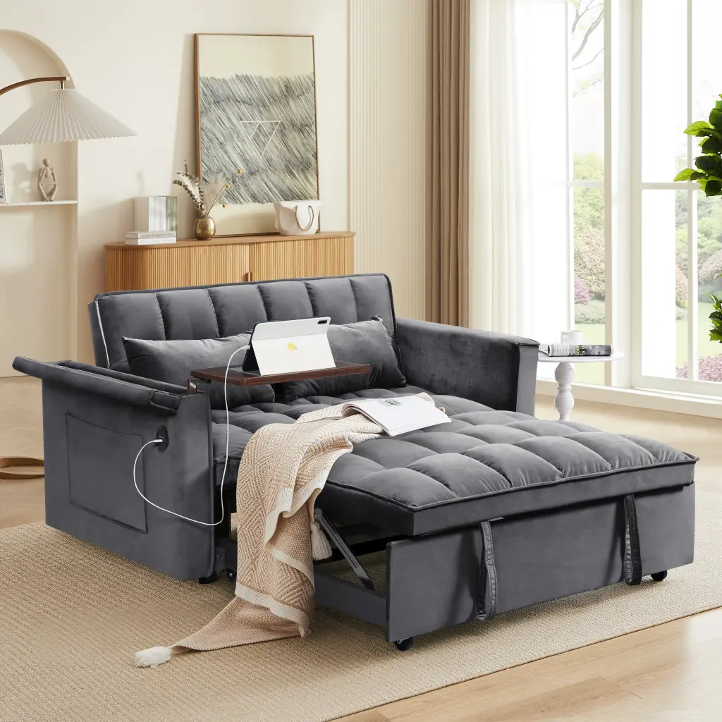 55.5 Inch 3 1 Foldable Sofa Bed Modern Velvet Double Sofa Convertible fm home