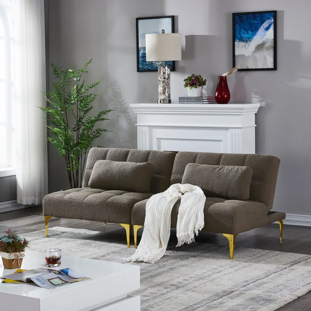 Convertible Sofa Bed Futon Gold Metal Legs And Teddy Fabric Taupe Color hdf store