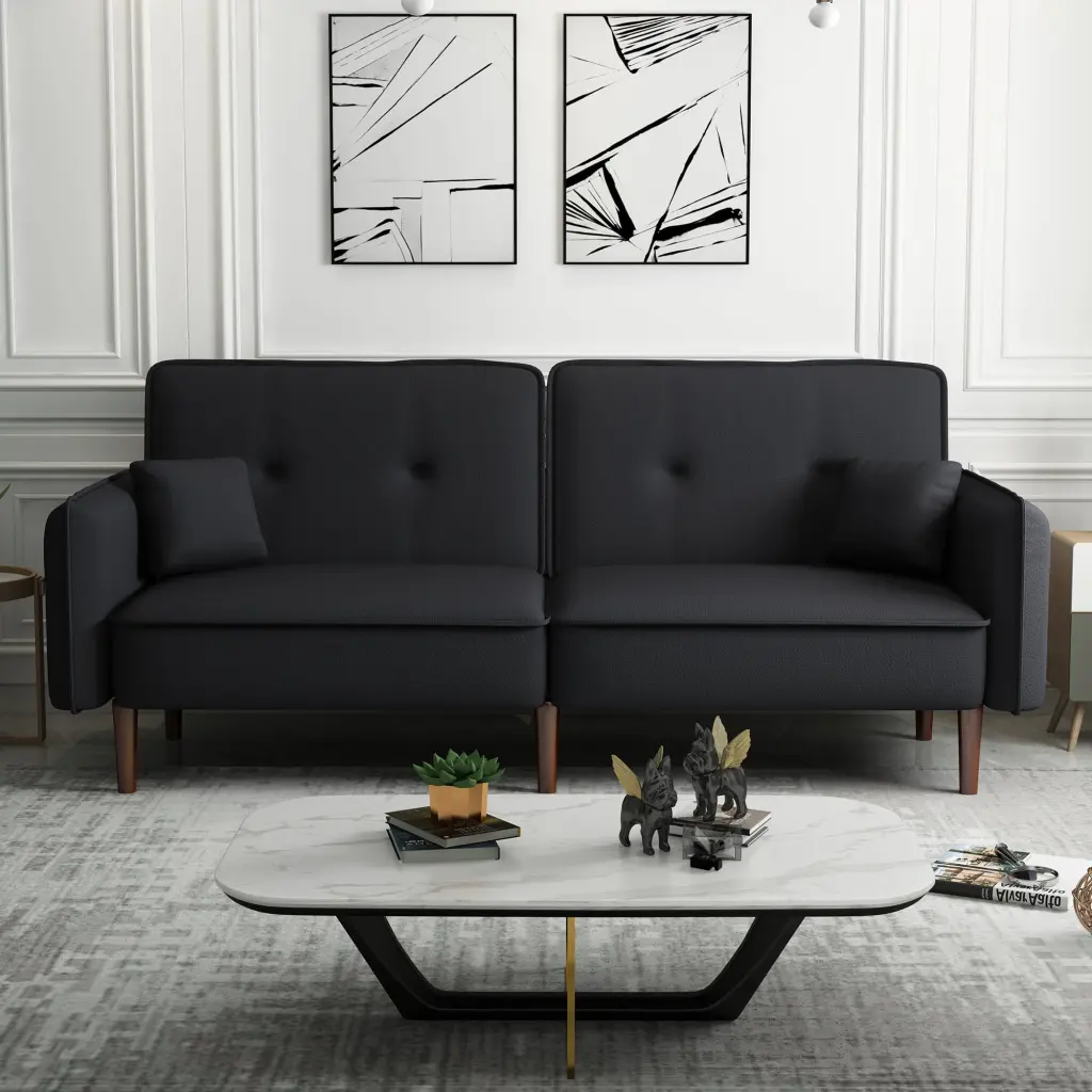 Convertible Sofa Bed Wood Legs Cotton Linen Material Black - Sleeper Sofa Small Spaces hdf store