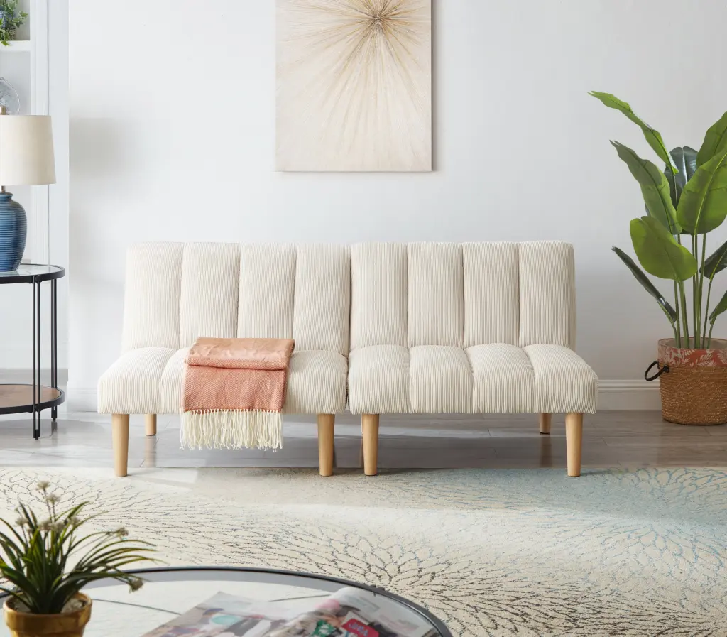 Corduroy Convertible Sofa Bed Wooden Legs Beige White Modern Design huazhao furniture