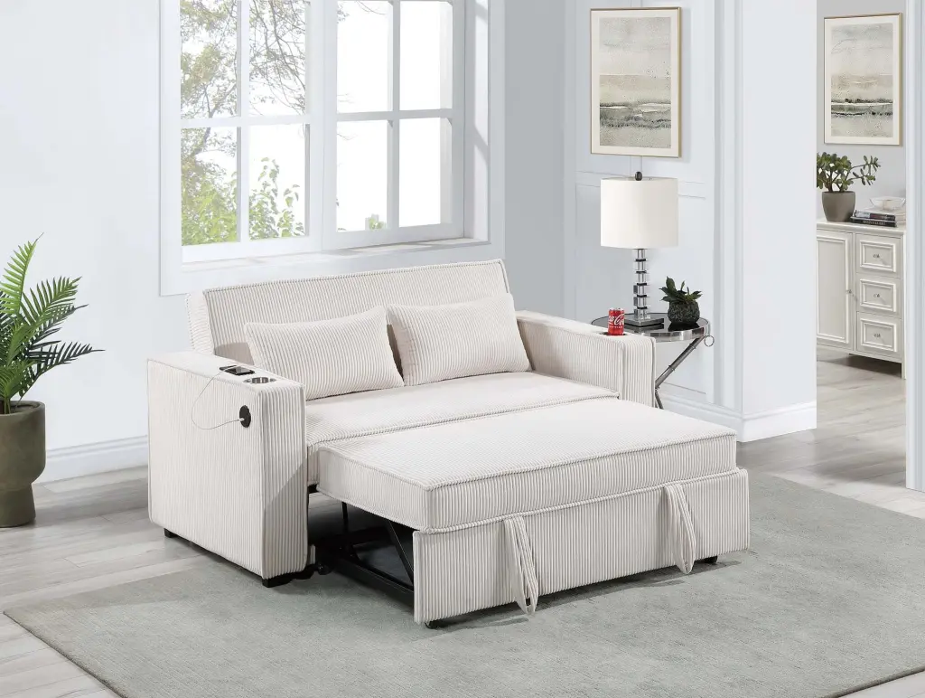 Beige Corduroy Upholstered 2 Seat Sofa Sleeper Couch Cup Holders kanepe