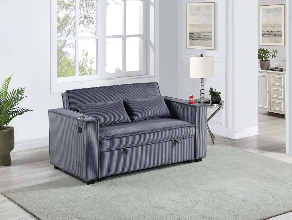 Dark Gray Corduroy Upholstered 2 Seat Sofa W Cup Holders Sleeper Couch kanepe