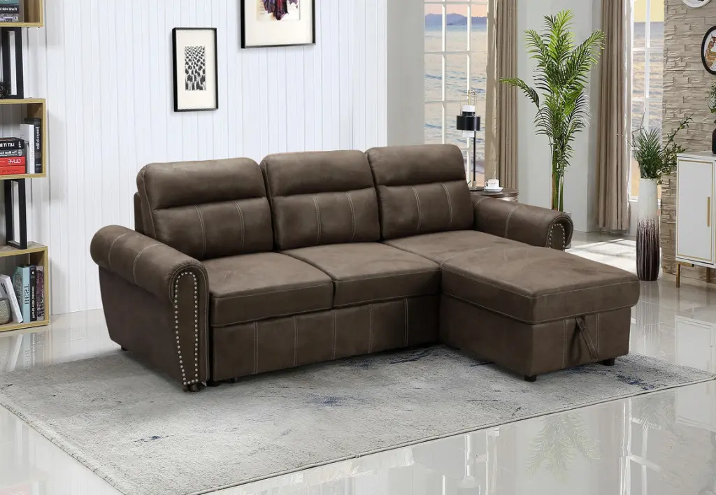Ashton 96 Inch Saddle Brown Microfiber Reversible Sleeper Sectional Sofa lilola home