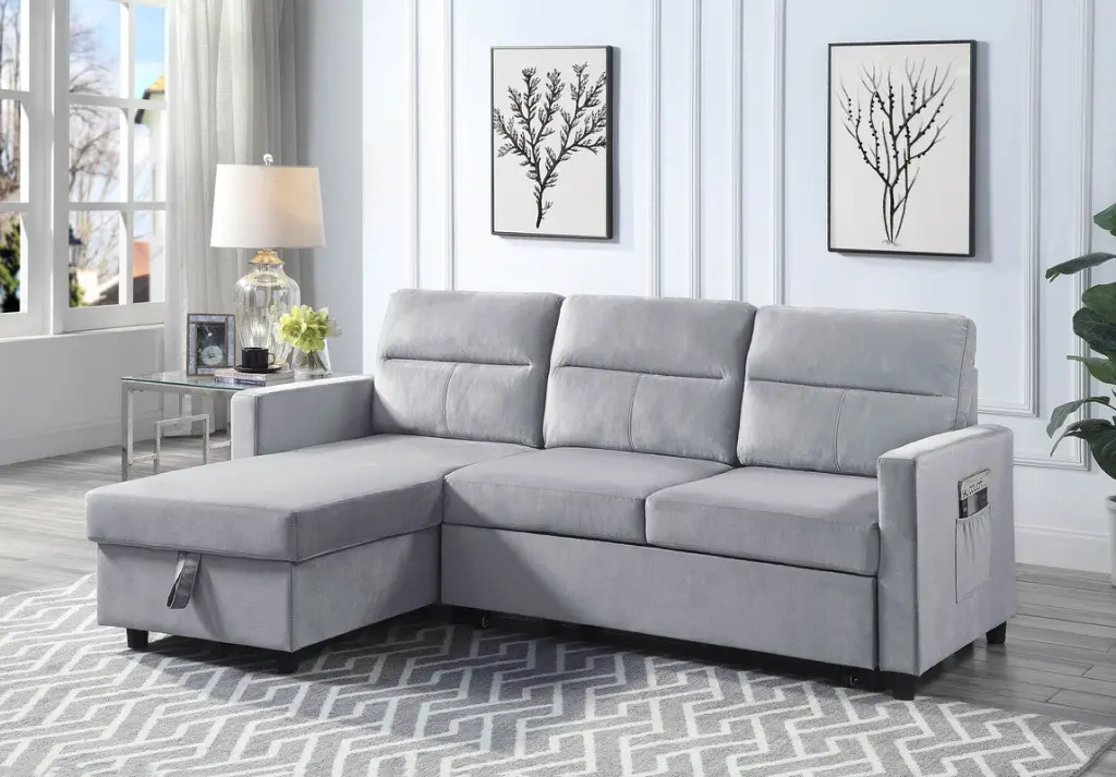 Ivy 81.5 Inch Light Gray Velvet Reversible Sleeper Sectional Sofa Storage lilola home