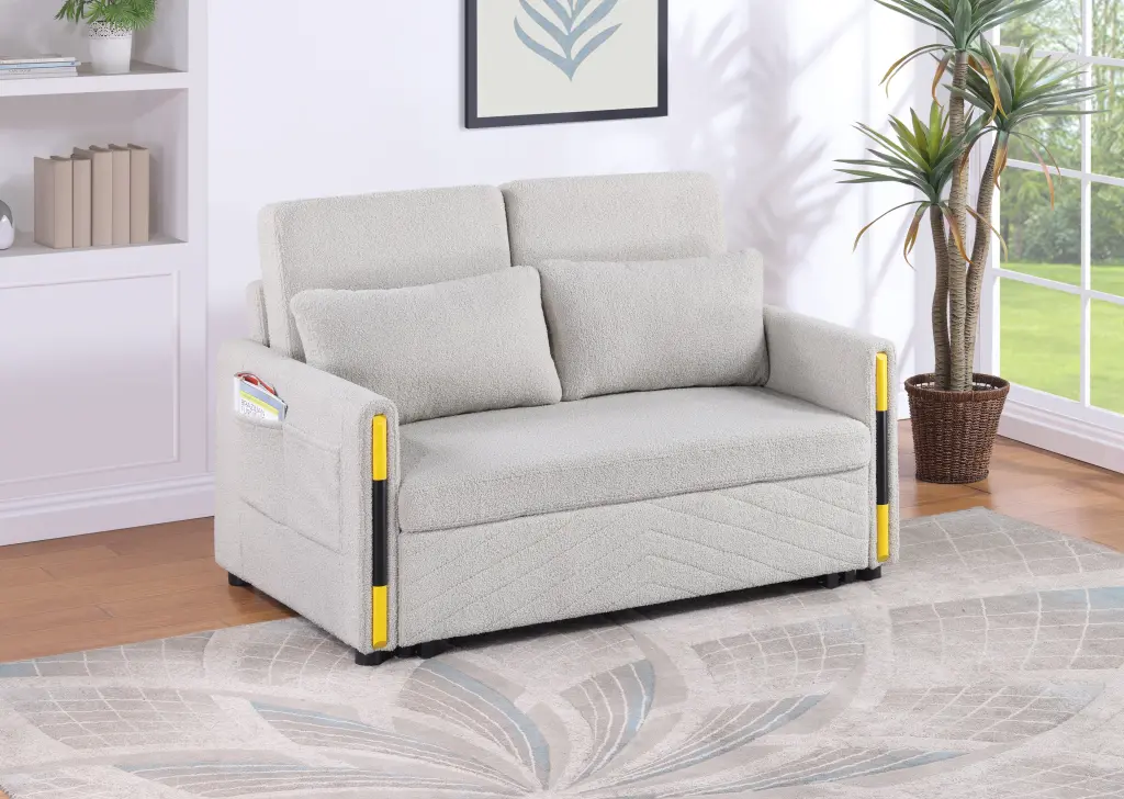 Percy 55.5 Inch Beige Teddy Velvet Sleeper Loveseat Dual Pull Out Bed lilola home