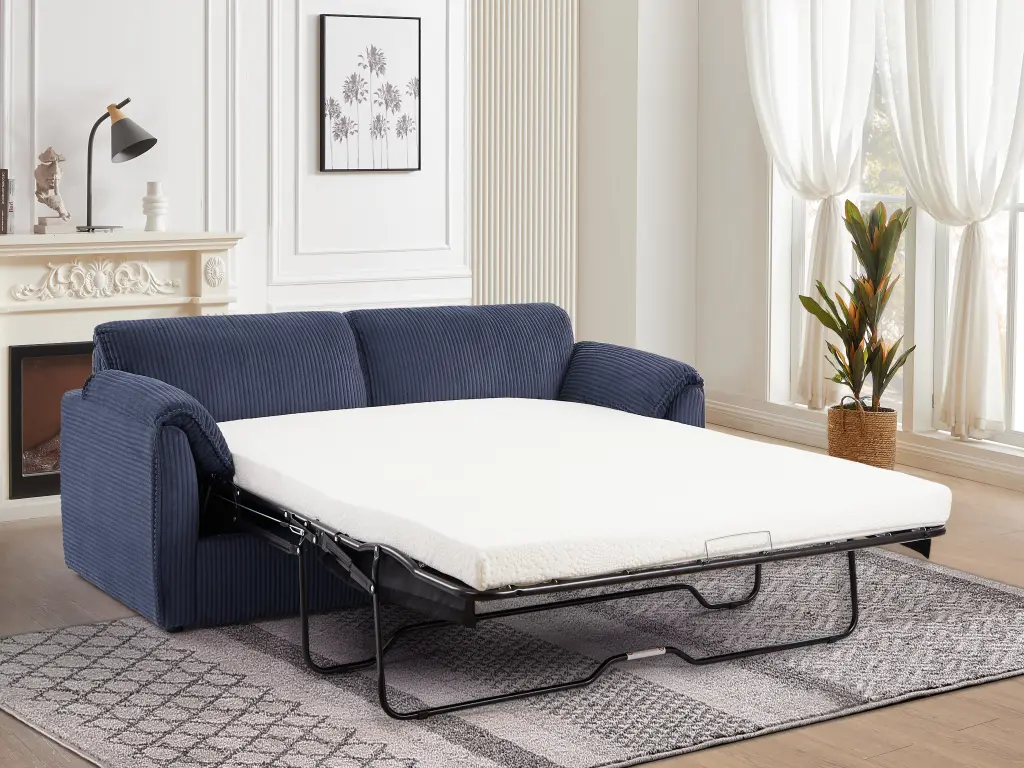 Modern Fabric 3 Seater Sofa Couch Pullout Bed Blue Microfiber Metal Legs liyasifurnitureco.-ltd.