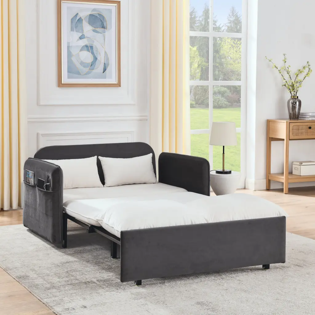 53" Modern Convertible Sofa Bed 2 Removable Armrests and USB Power Port lucky fortune
