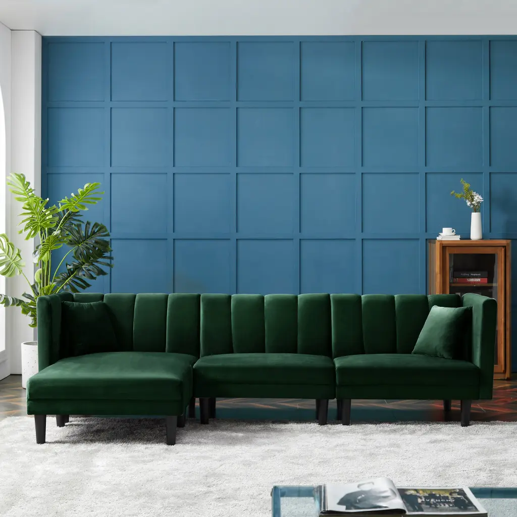 Reversible Sectional Sofa Sleeper 2 Pillows Dark Green Velvet relax lounge