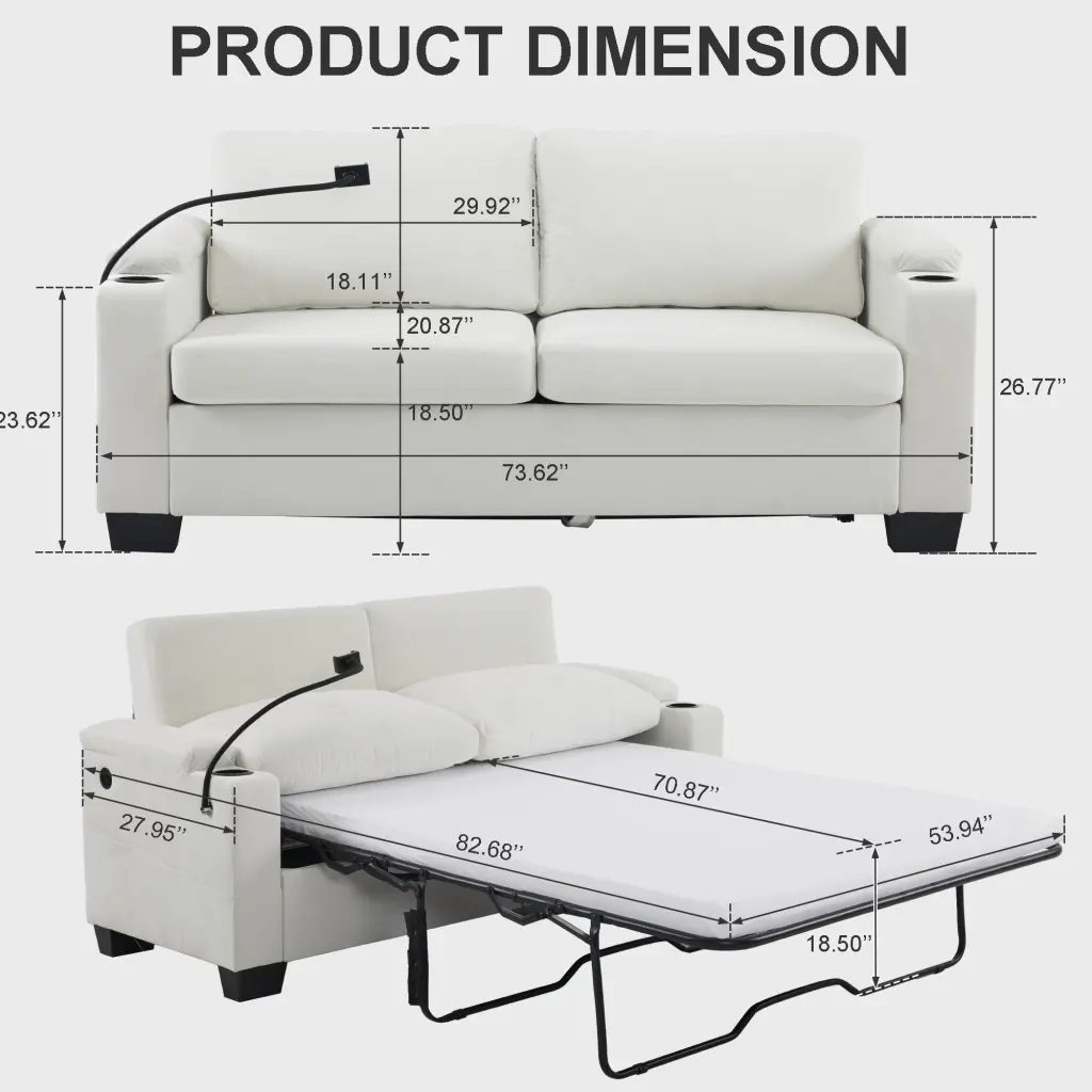 73.63x27.96 Inch Pull Out Sofa Bed Chenille Material Queen Size rnb