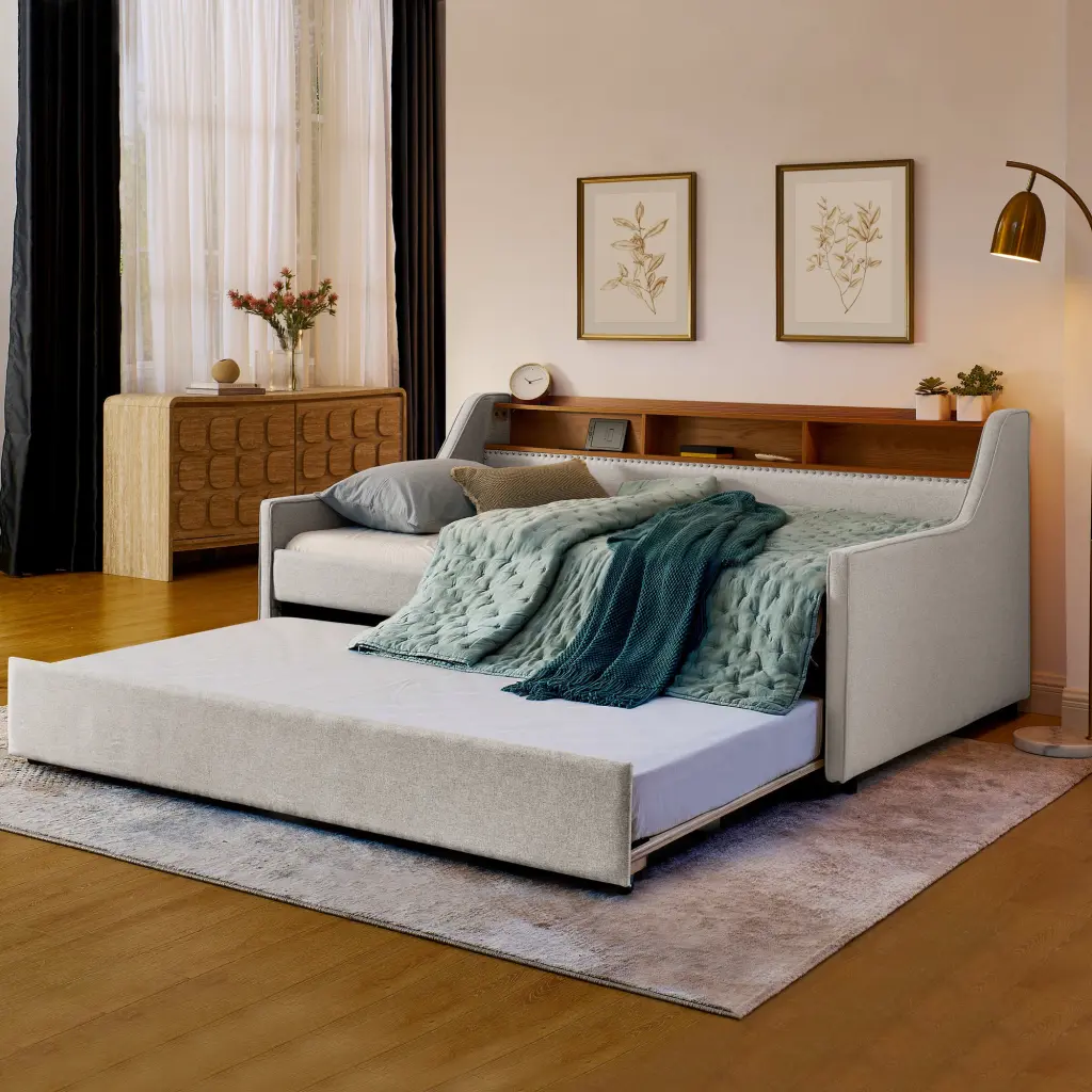 Twin Size Upholstered Sofa Bed Three LED Lights and Storage Adjustable Back royal star