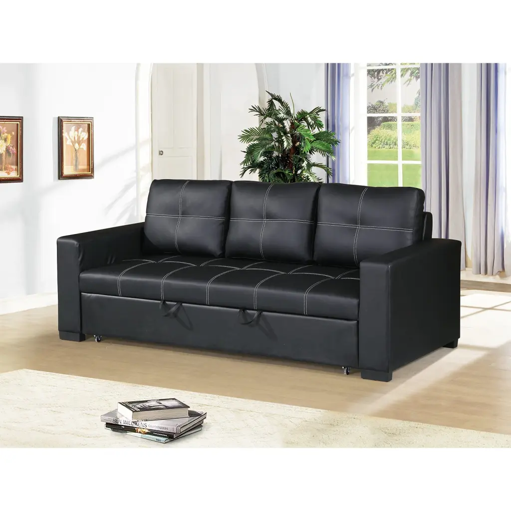 3-Seater Black Faux Leather Convertible Sleeper Sofa Modern Living Room simple relax