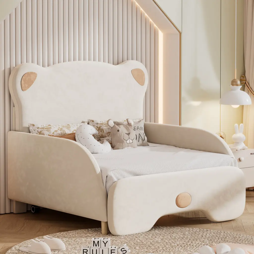 Twin XL Upholstered Stretchable Vaulted Sofa Bed Bear Shaped Headrest wm dreamland