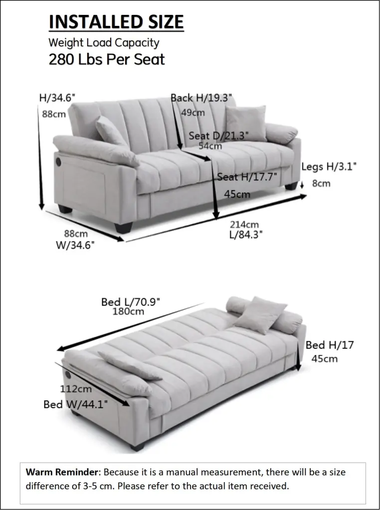 Sofa Bed Sleeper Storage Compartment USB Charging Port And Side Pocket yxhome