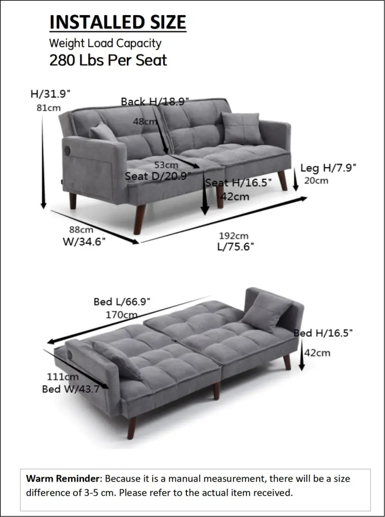 Sofa Bed Sleeper USB Charging Port Chenille Fabric Folding Futon Recliner yxhome