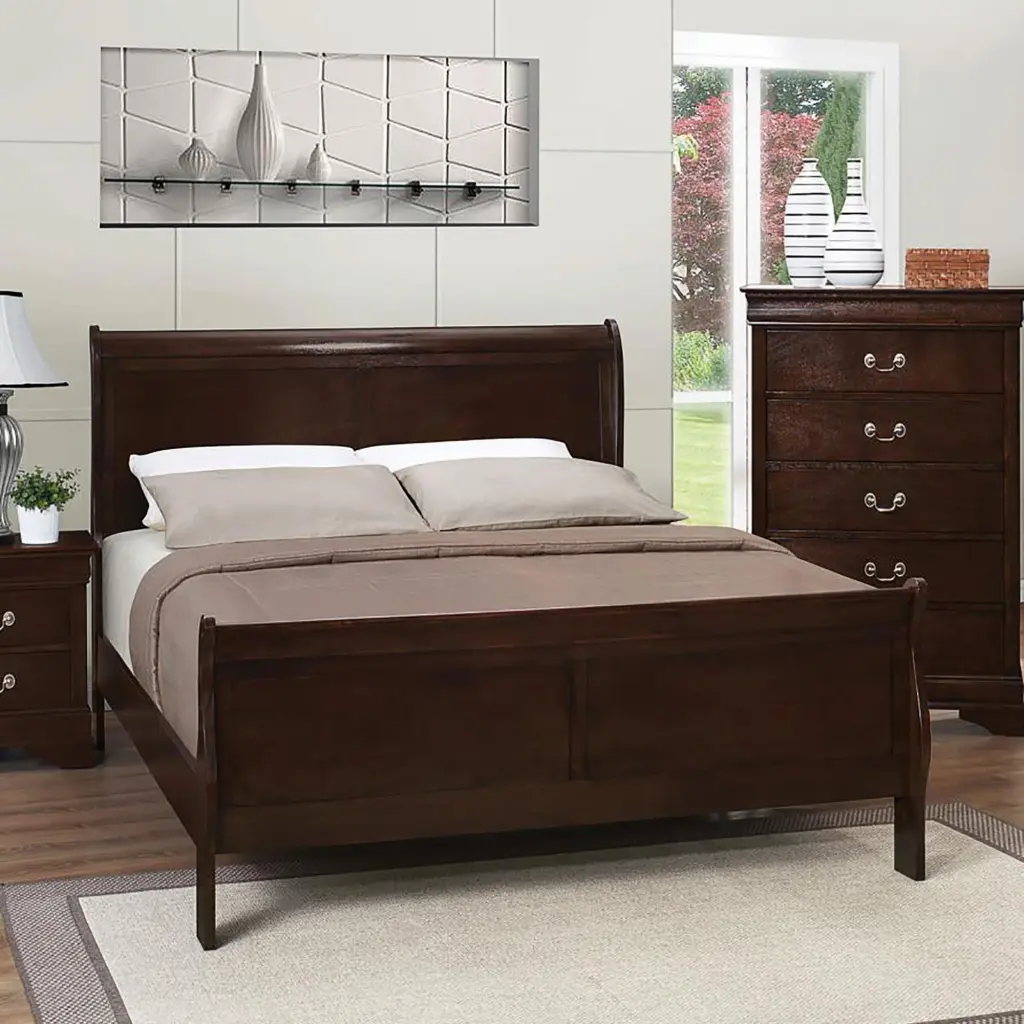 Cappuccino Queen Sleigh Bed Box Spring Required Timber Finish furniture max