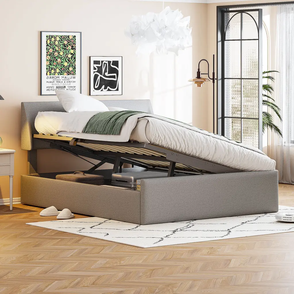 Full Size Sleigh Bed Hydraulic Storage System Linen Upholstery lucky world