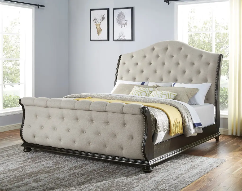 Rhapsody King Sleigh Bed Beige Faux Leather Upholstered Bed Frame steve silver furniture