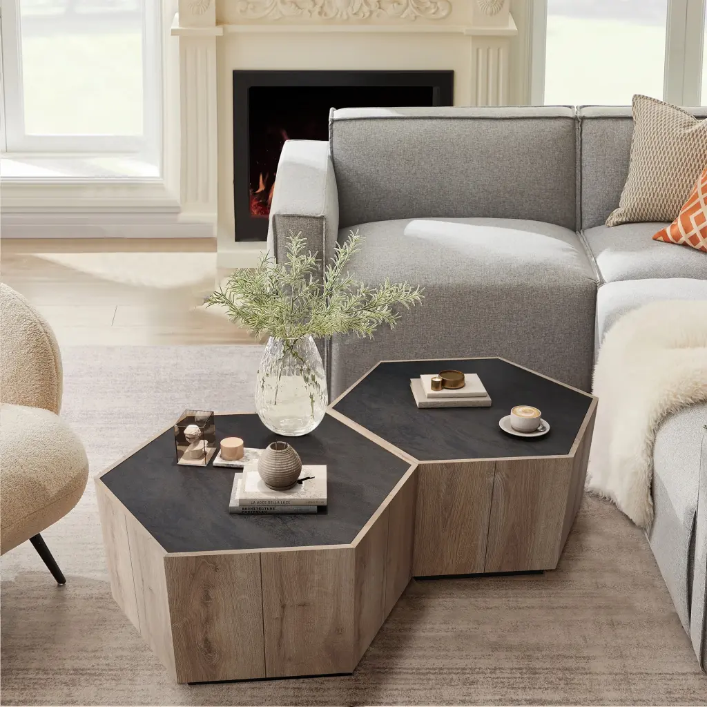 Hexagonal Living Room Wooden Small Coffee Table 2 Drawers Modern Simplicity Oubayajia