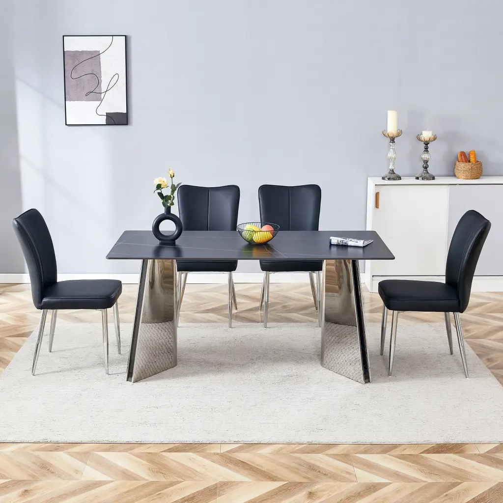 Black Marble Patterned Table and Chair Set, 63x31.5 Inch droom w-1151