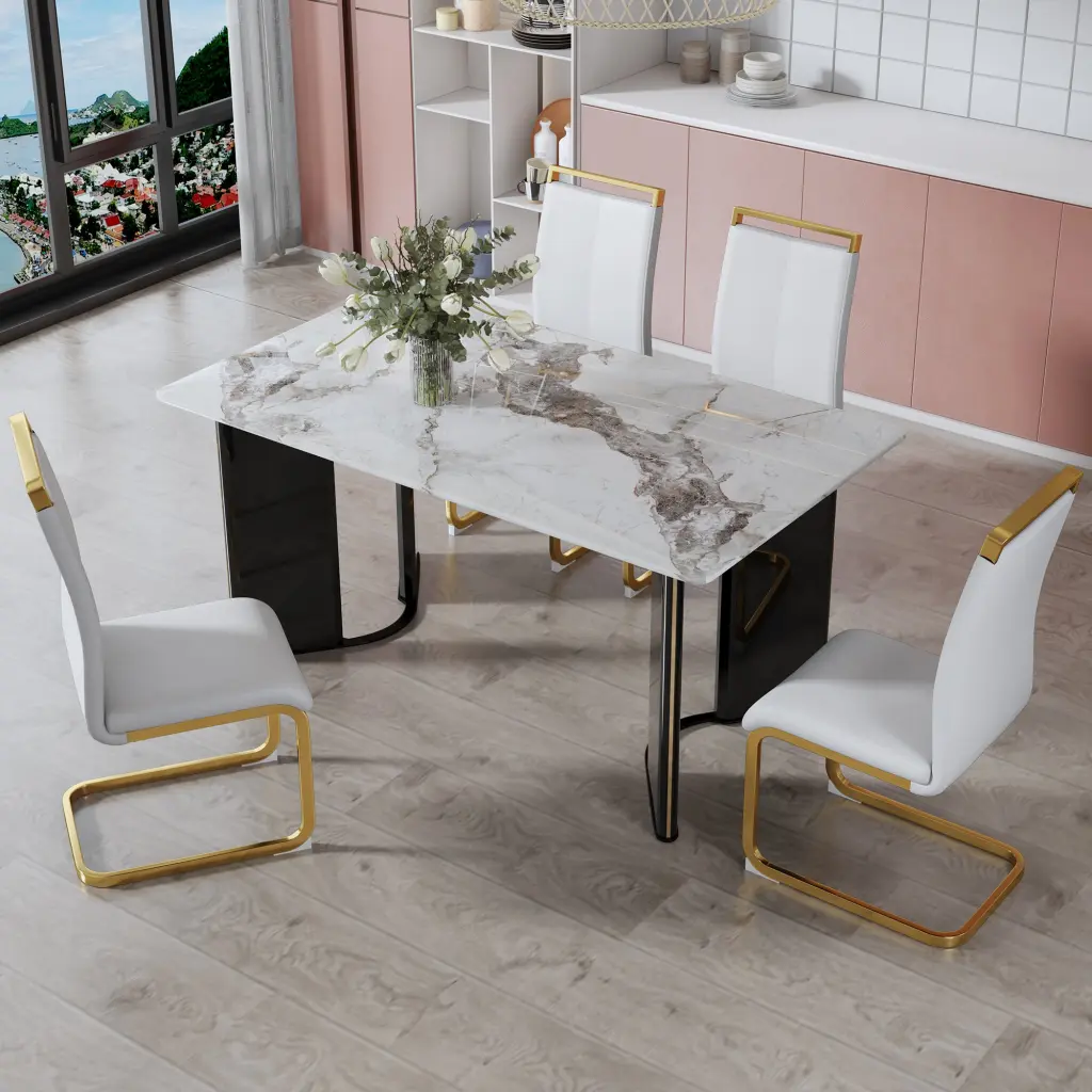 Table and Chair Set 1 Table and 4 White PU Backrest Cushions Gold Legs droom w-1151