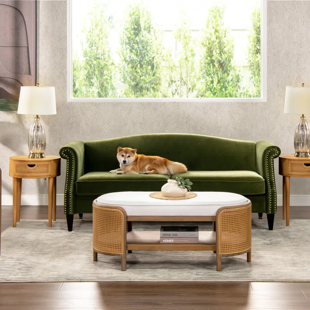 77 Inch Camel Back Sofa Olive Green Performance Velvet Small Spaces jennifer taylor home
