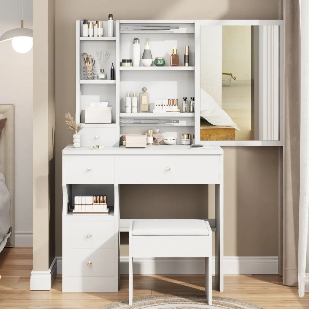 Small Space Left Drawer Vanity Table Cushioned Stool crazy elf