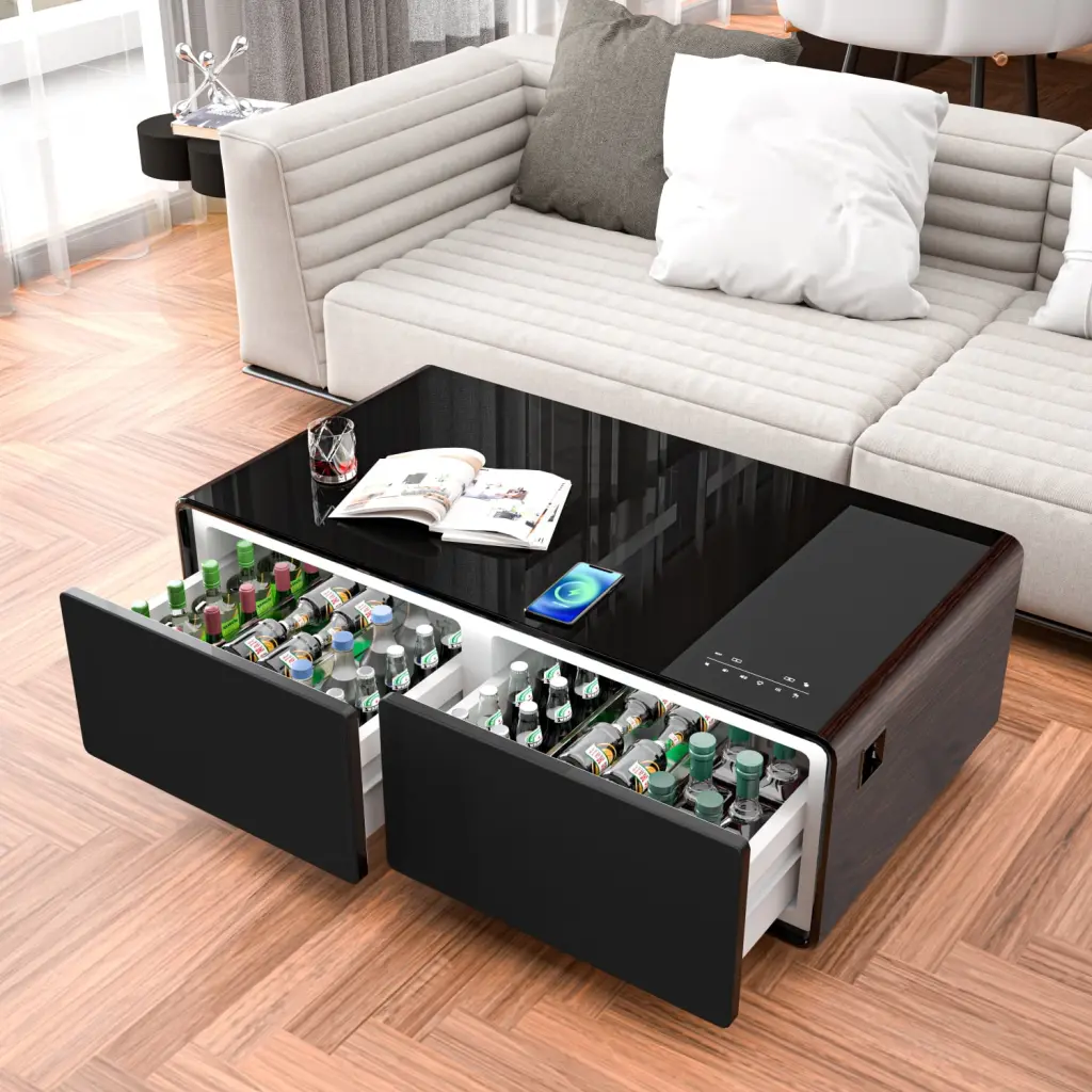 Luxury Black Brown Smart Coffee Table Refrigerated Drawers Bluetooth Speakers and Charging Options LMing