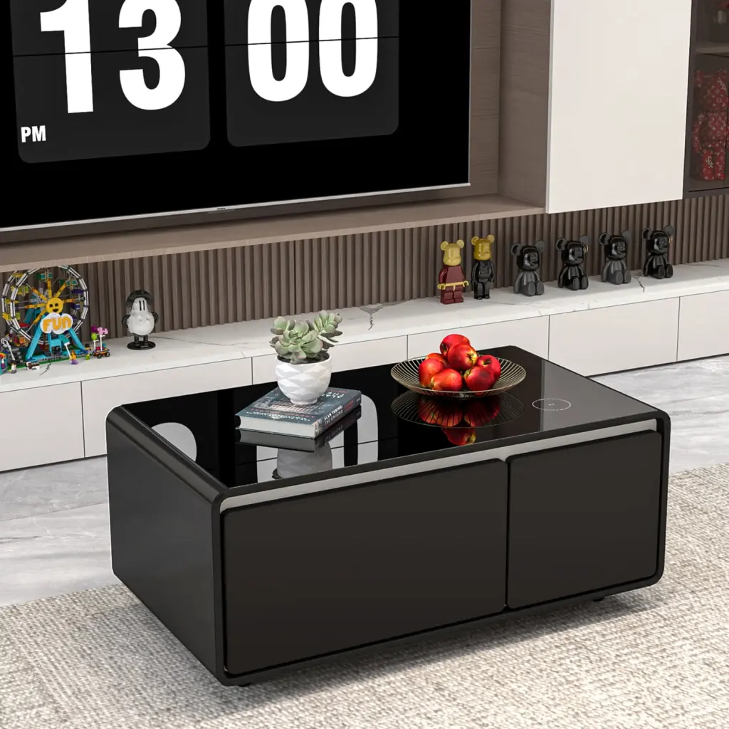 Modern Smart Coffee Table Built- Fridge Wireless Charging and Power Socket Triple Tree