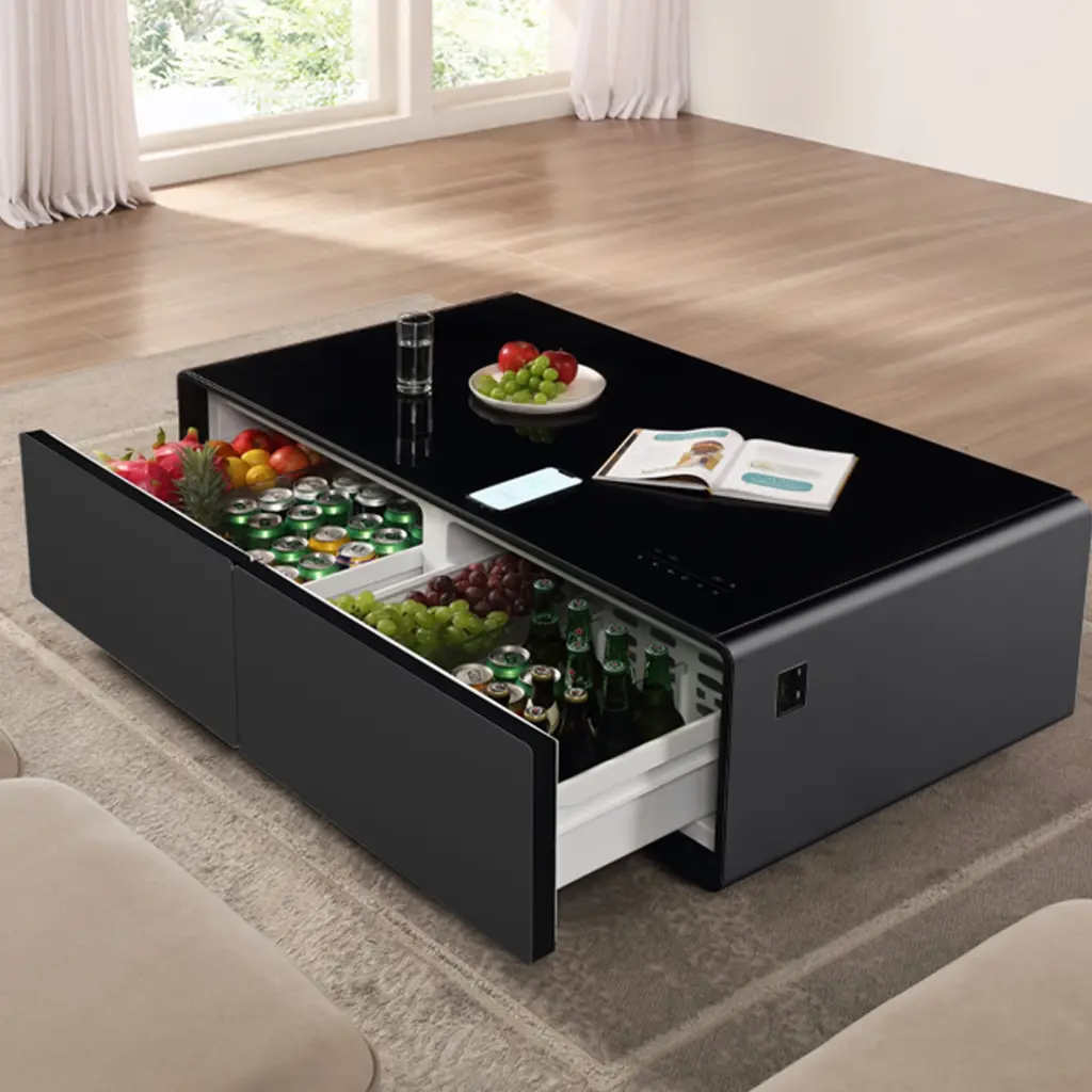 Modern Smart Coffee Table Built- Fridge Bluetooth Speaker Wireless Charging Triple Tree