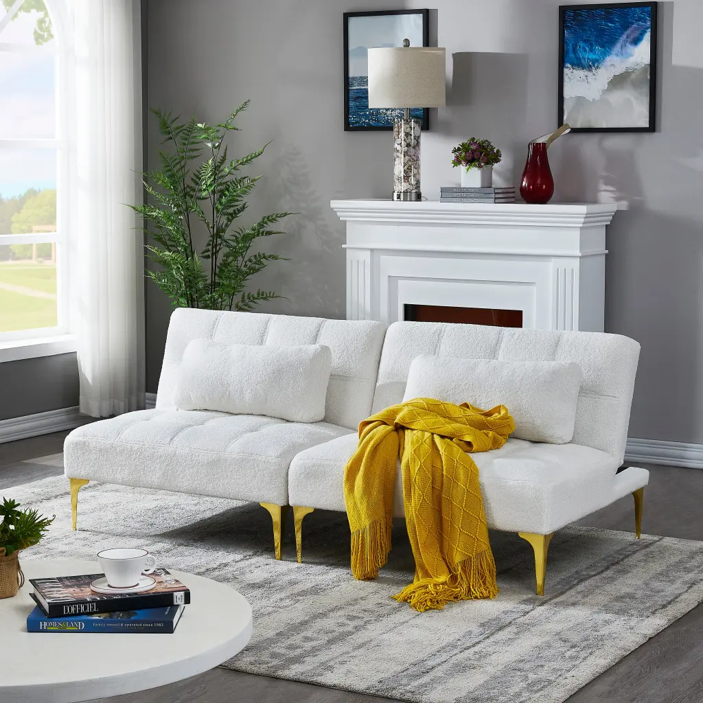 Convertible Sofa Bed Futon Gold Metal Legs Teddy Material White hdf store