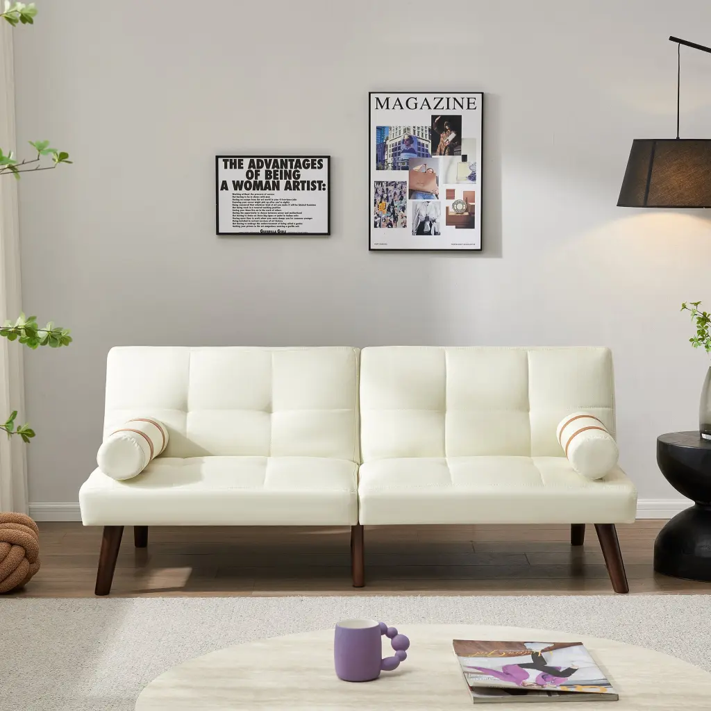 Convertible Sofa Bed Futon Solid Wood Legs Linen Fabric Ivory hdf store
