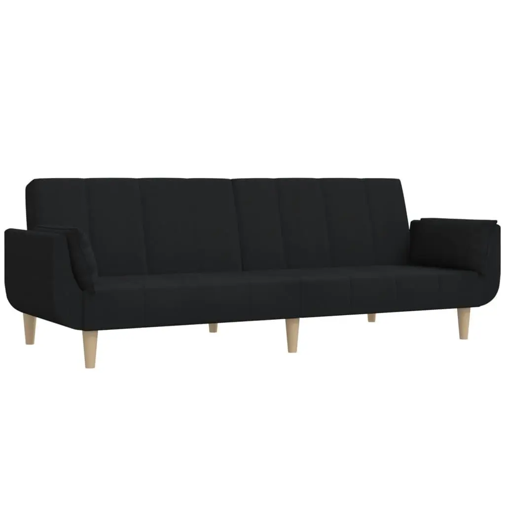 2-Seater Sofa Bed Two Pillows Black Fabric Convertible Couch