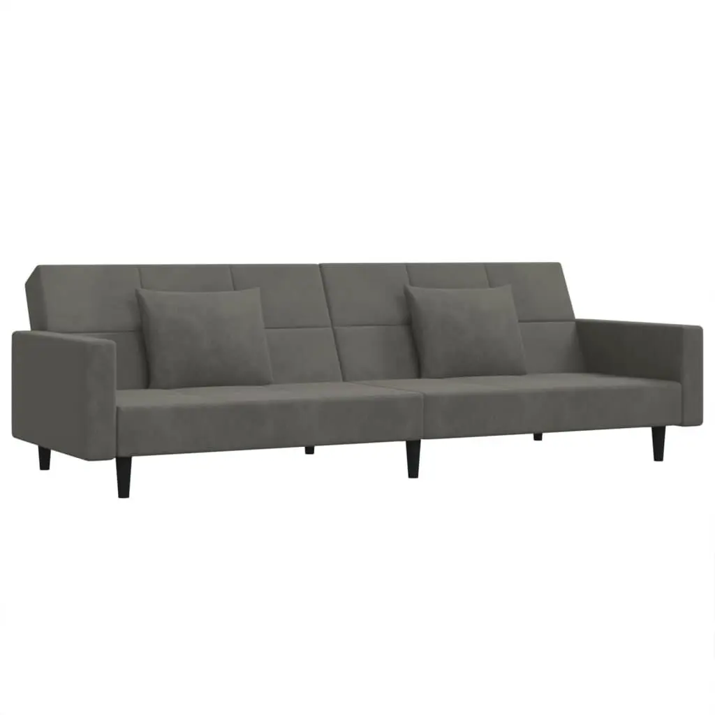 2-Seater Sofa Bed Two Pillows Dark Gray Velvet Convertible Couch