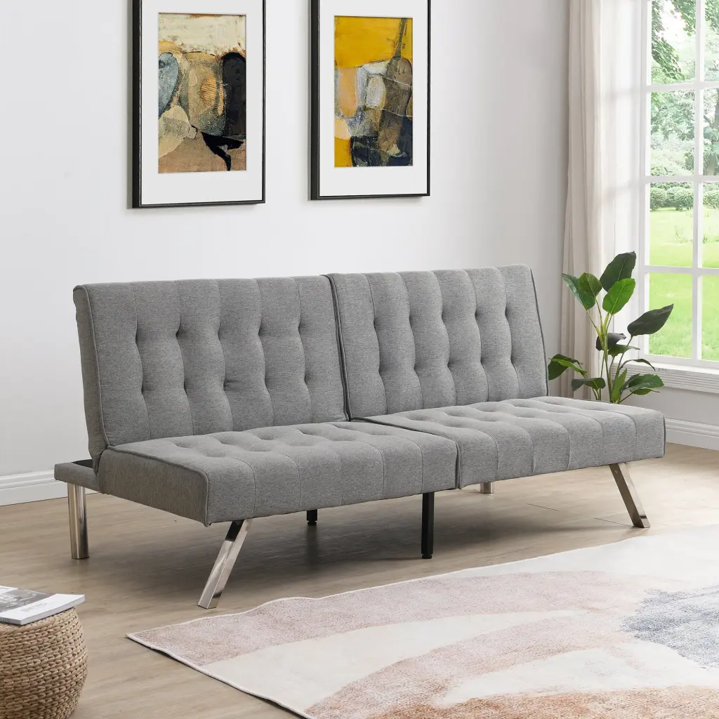 Wood Frame Stainless Leg Futon Sofa Bed Grey Fabric beds - sofas