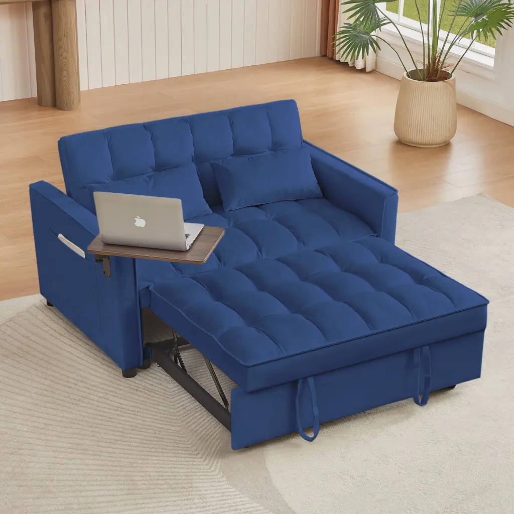 Blue Velvet Loveseat Sofa Bed Blue Timber Tufted Back Square Arms Foam cy furniture