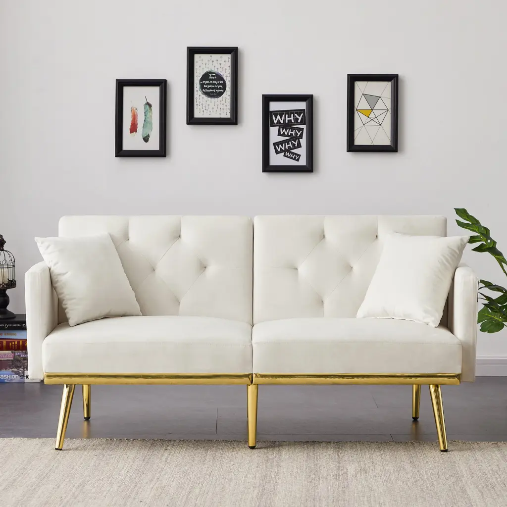 Cream White Velvet Sofa Bed 2 Seater Wooden Frame cy furniture