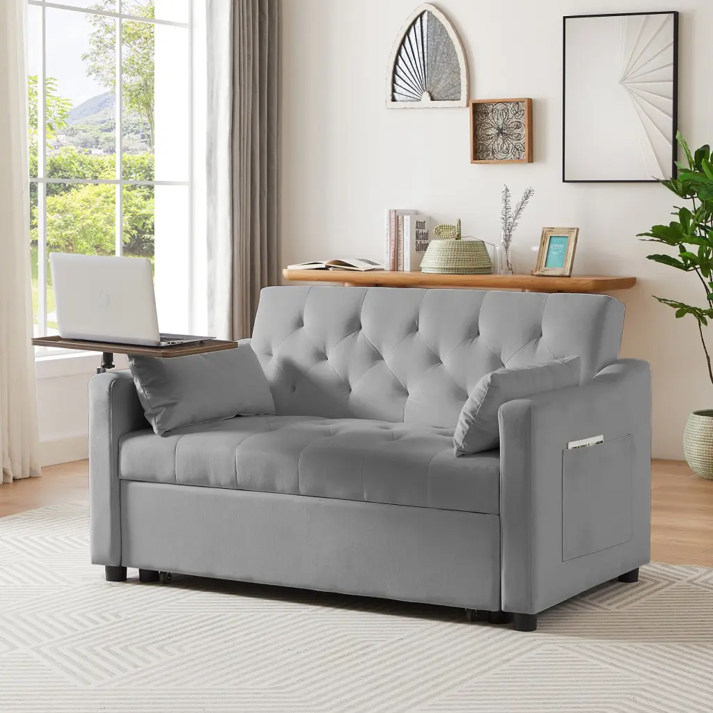 Grey Velvet Sofa Bed 2 Seater Tufted Back Wood Frame cy furniture