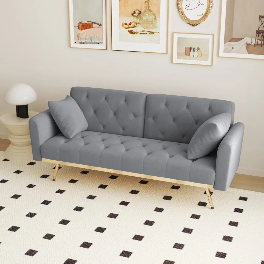 68.3" Gray Velvet Nail Head Sofa Bed Throw Pillows and Midcentury Modern Design fan chen furniture