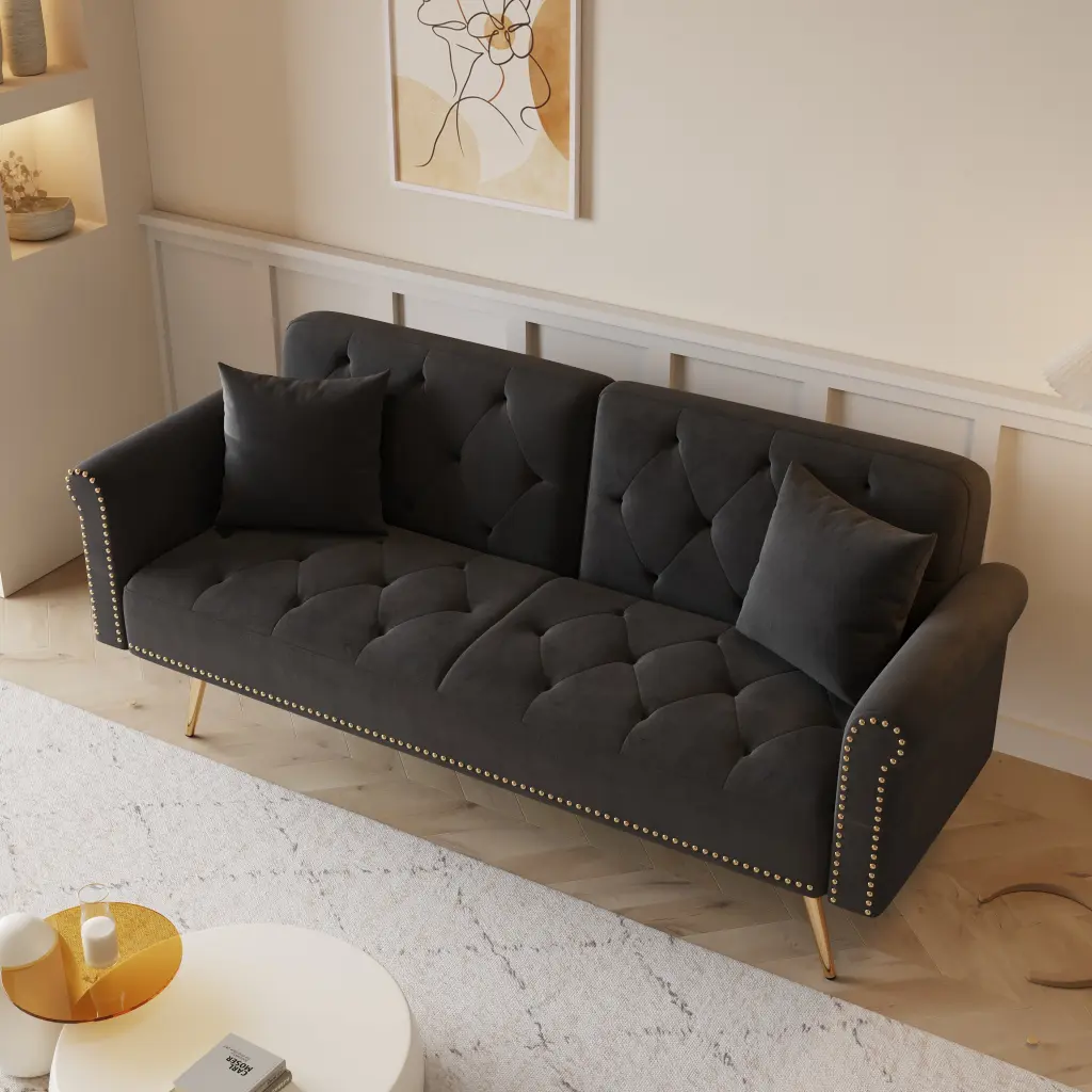 69.7 Inch Black Velvet Nail Head Sofa Bed Throw Pillow fan chen furniture