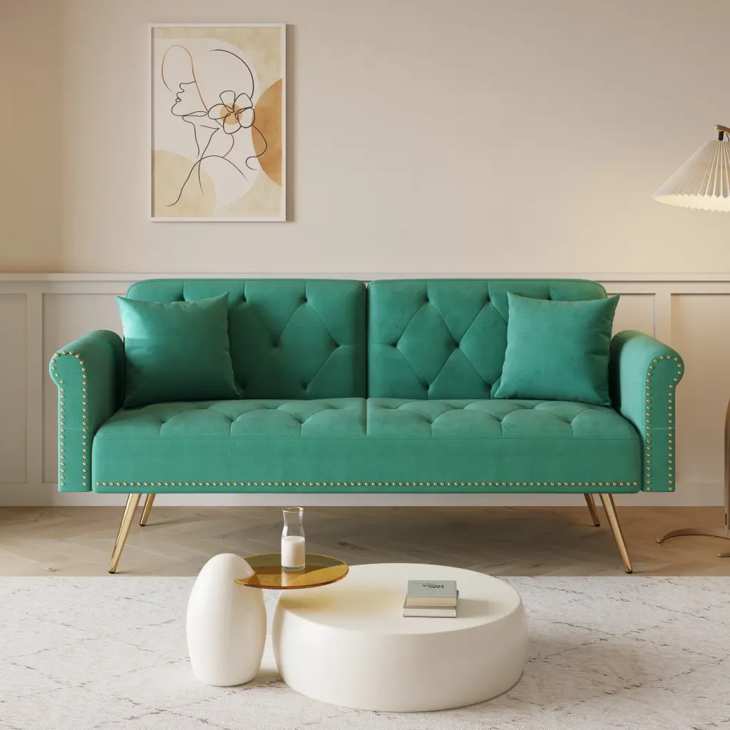 69.7 Inch Green Velvet Nail Head Sofa Bed Throw Pillow fan chen furniture
