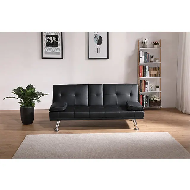 Black Leather Multifunctional Double Folding Sofa Bed Office or Home fan chen furniture
